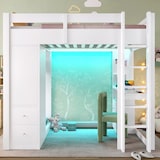 thumbnail of Hochbett 90x200 mit integriertem Schreibtisch, Stauraum und LED-Beleuchtung – Praktisches Design in Weiß mit Kiefernholz und MDF