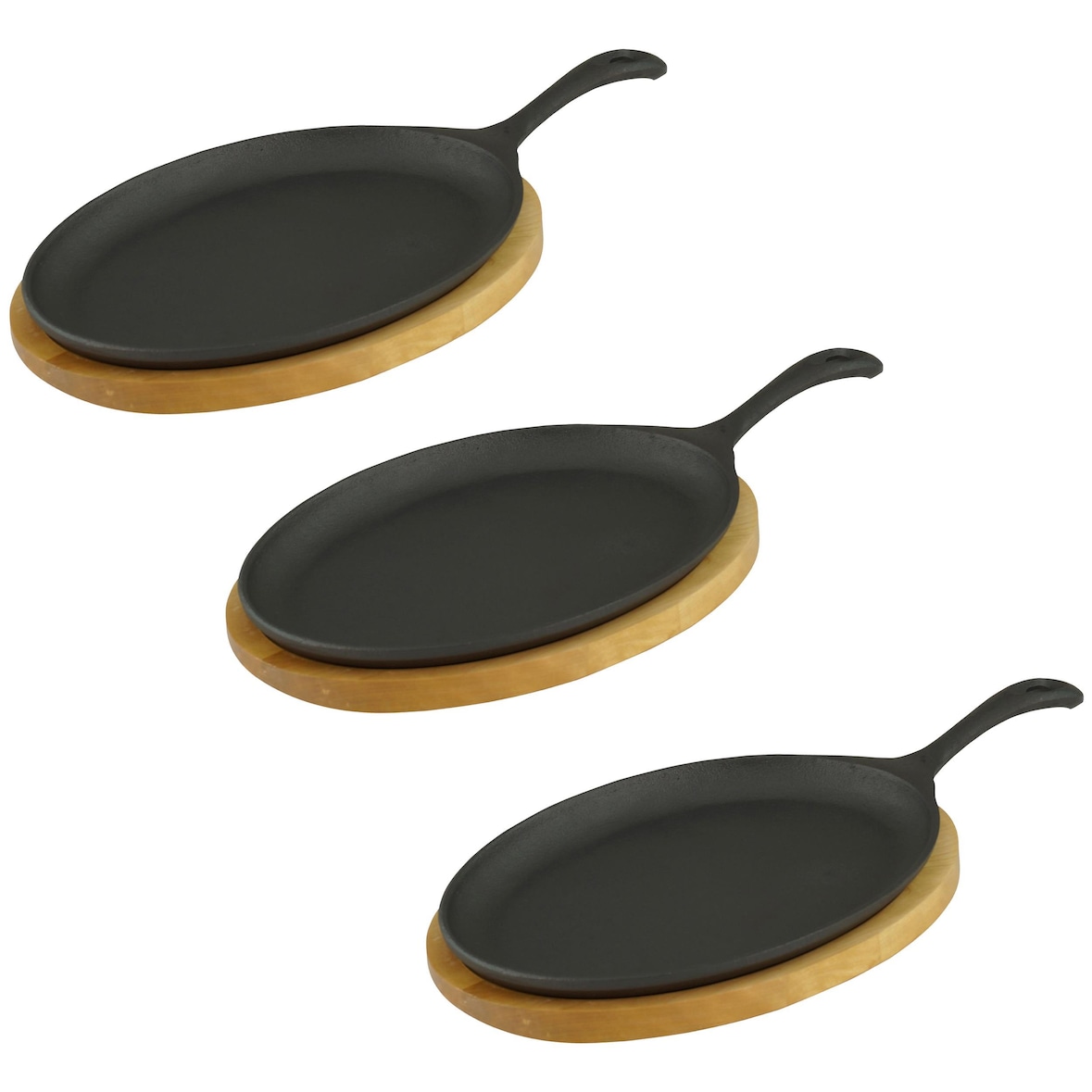 Servierpfanne mit Holzuntersetzer oval 24 x17 x 2cm Gusseisen 3 Stück im Set