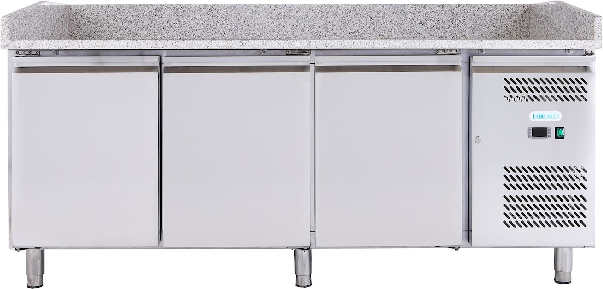 3-türige Pizzatheke. Granit-Oberfläche. Digitaler Thermostat. Automatische Abtauung. Temperatur -2°C/+8°C. Abmessungen 202x80x100h cm. G-PZ3600TN-FC