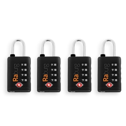 TSA-Zahlenschloss 4er-Set mit 4-stelliger Kombination, kompaktes Vorhängeschloss mit Bügel aus Stahl, Schwarz