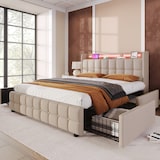 thumbnail of Merax LED Stauraumbett Polsterbett 180x200 Doppelbett aus Leinen mit 4 Schubladen & 2 Steckdosen & 2 USB & Lattenrost Beige