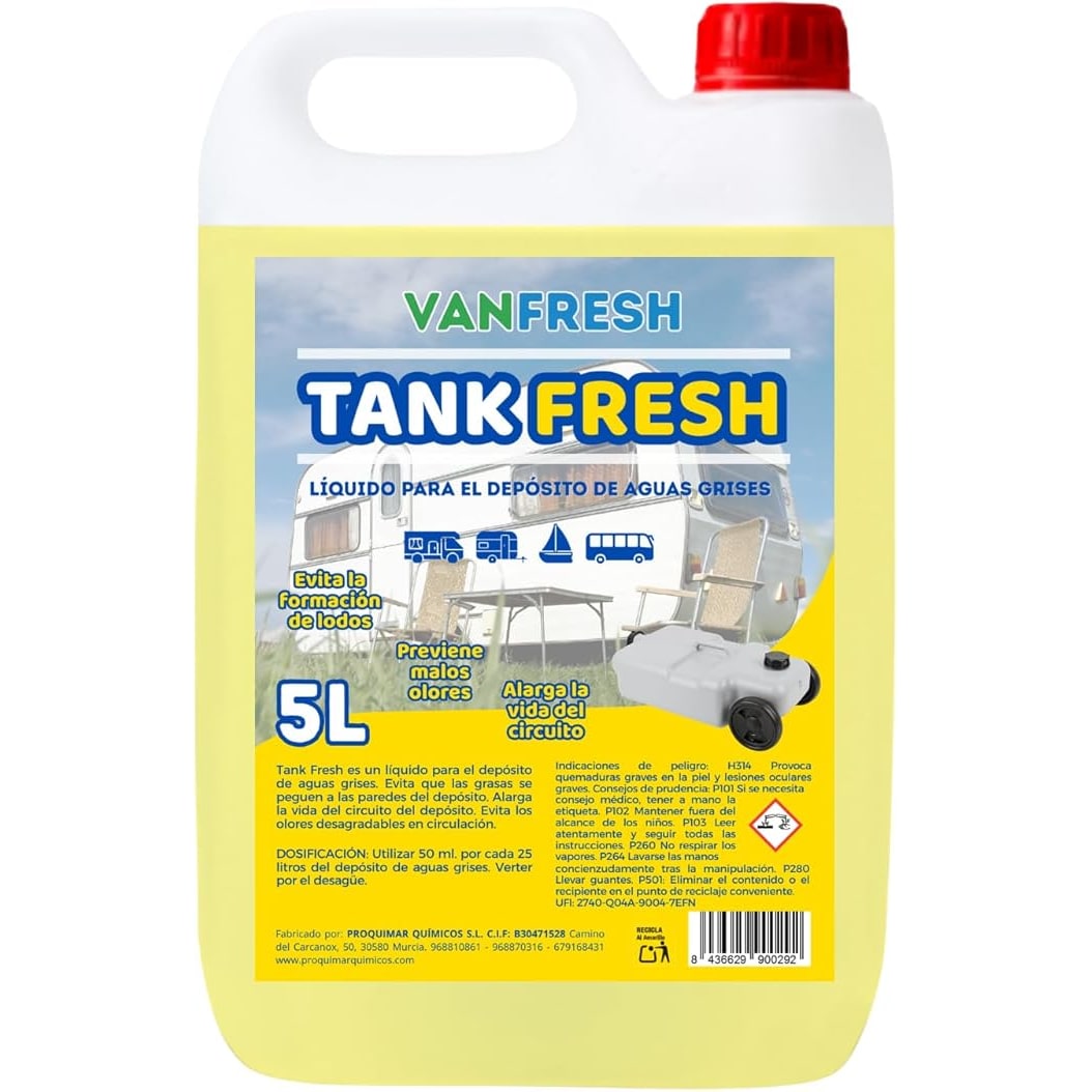 VanFresh Tank Fresh Líquido para Depósito de Aguas Grises 5L Elimina Malos Olores Limpieza de Tanques de Autocaravanas, Caravanas y Barcos